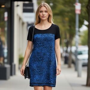 DKNY Dress - Black and Blue, light weight, Short Sleeve Dress. Large